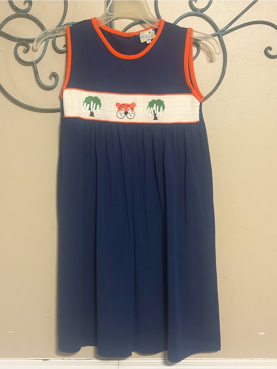 Sugar Other - Sugar Navy Sleeveless Smocked Dress with Orange Trim and Tiger Embroidery